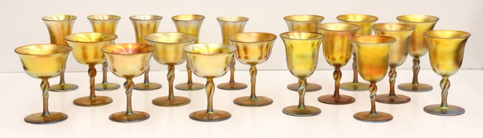 19pc Steuben Aurene Gold Iridescent Glass Stemware