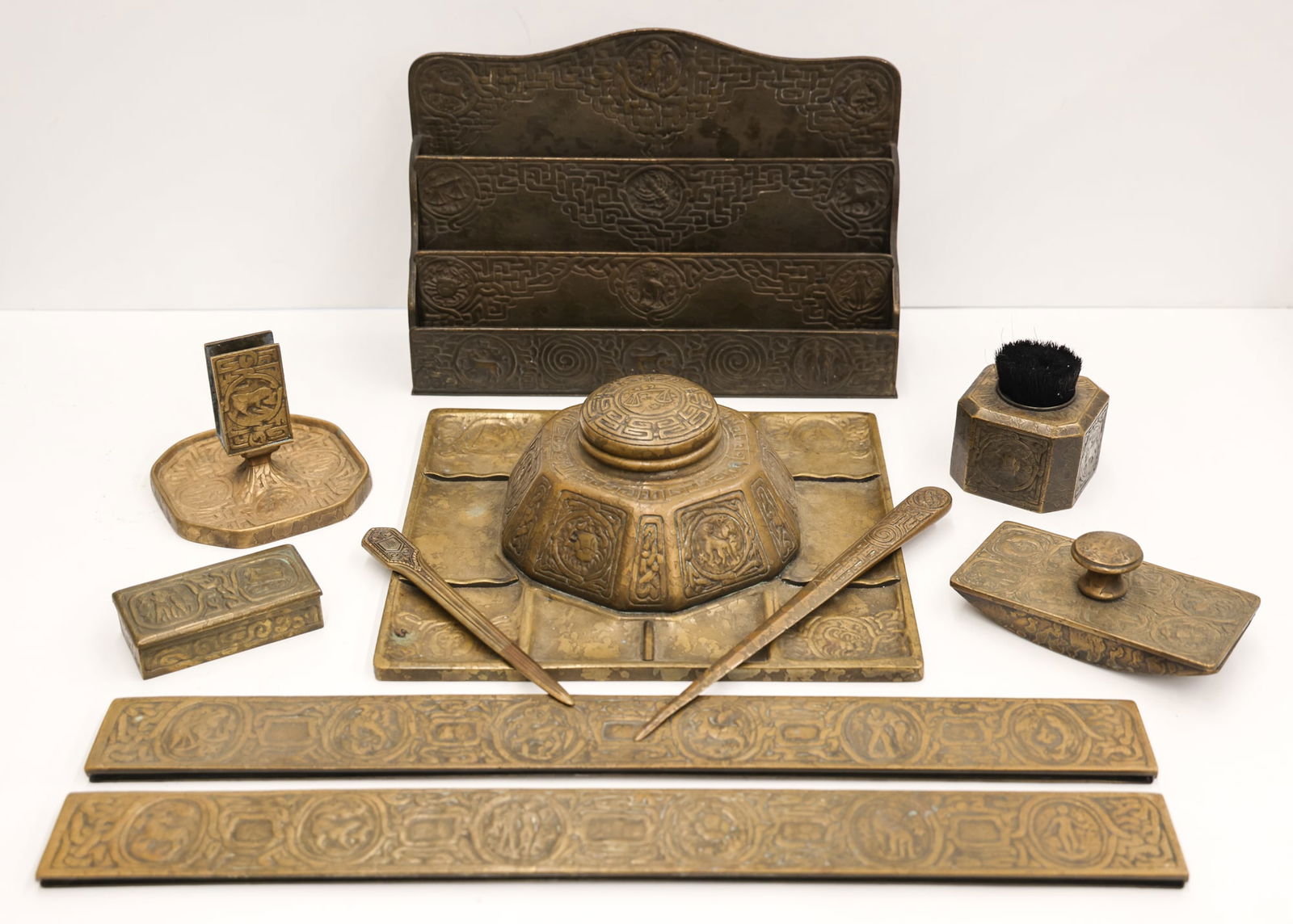 9pc Tiffany Studios Zodiac Bronze Desk Set (1 of 3)