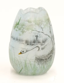 Daum Nancy Miniature Swan in Lake Cameo Glass Vase