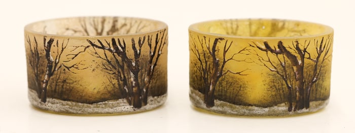 2pc Daum Nancy Miniature Winter Cameo Glass Salts