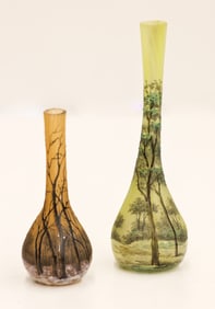 2pc Daum Nancy Miniature Forest Scene Bud Vases
