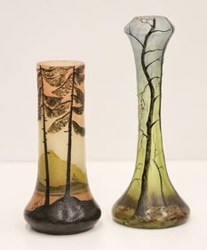 2pc Legras Forest Landscape Cameo Glass Vases