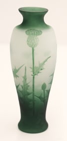 Val St. Lambert Green Thistle Cameo Glass Vase