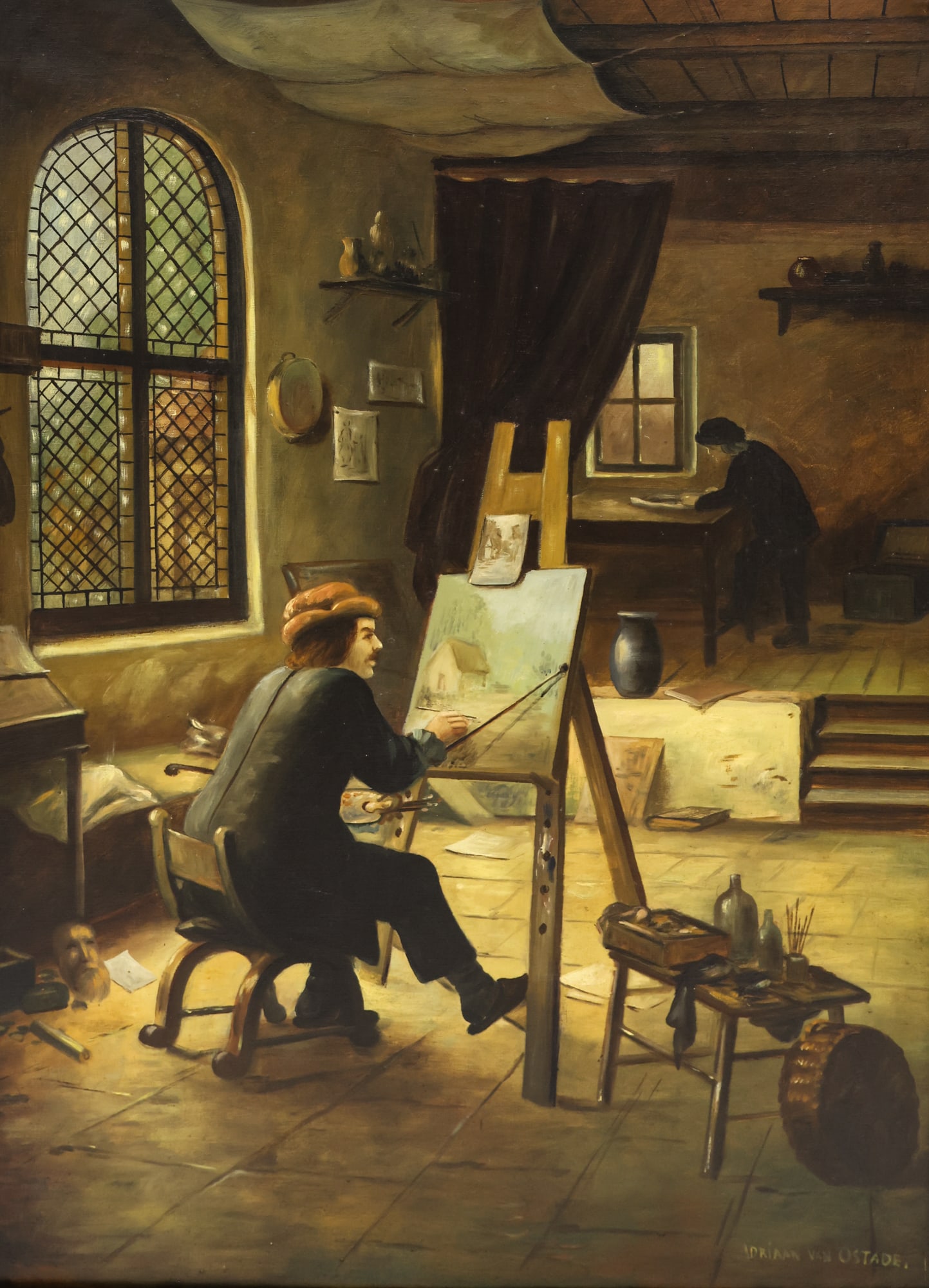 French School 19th Cent. ''Ostade in his Workshop'' Oil (1 of 2)
