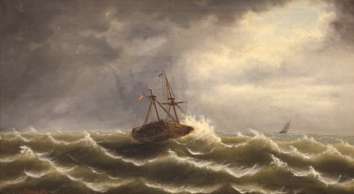 Anton Cuberle 19th Cent. ''Sailing Ship in Rough Seas" Oil