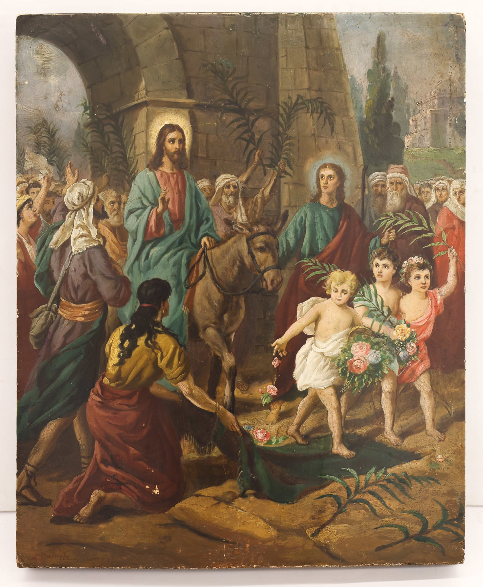 Antique Russian Christ Entering Jerusalem Painted: Antique Russian Christ Entering Jerusalem Painted Icon 16.5''x13.5''. Exceptional polychrome painted wood icon that is signed by the artist lower left corner. Label on verso reads ''1861 painted by th