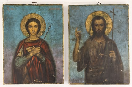 Pair Antique Russian Painted Icons of Saints