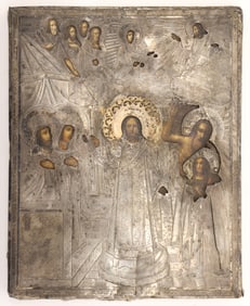 Antique Russian Silver Oklad Icon of The Pokrov