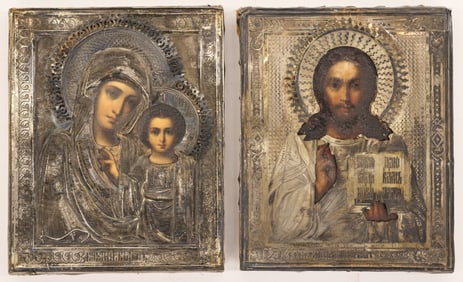 2pc Antique Russian Silver Oklad Small Icons