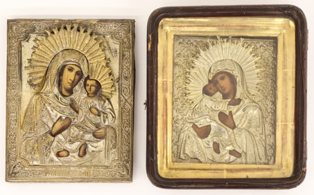 2pc Antique Russian Virgin of Kazan Oklad Icons