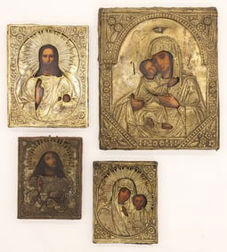 4pc Antique Russian Oklad Religious Icons