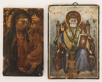 2pc Antique European Painted Wood Icons