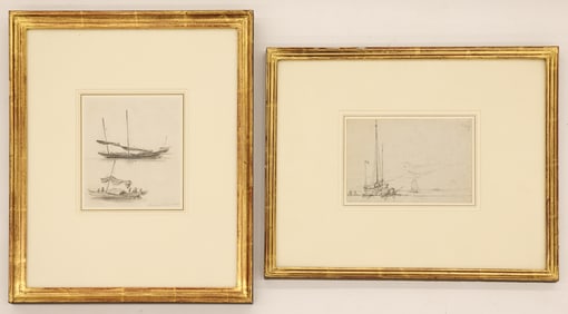 2pc George Chinnery & Charles Geraud "Trade Ship" Drawings