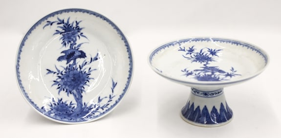 Pair Chinese Blue & White Small Stem Dishes