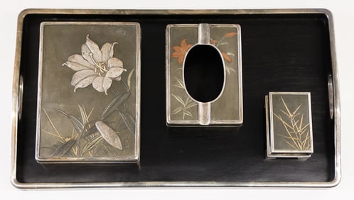 4pc Japanese Silver and Mixed Metals Smoke Set