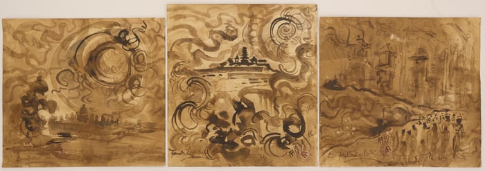 Kusama Affandi ''Three Temple Drawings'' 1970's Ink