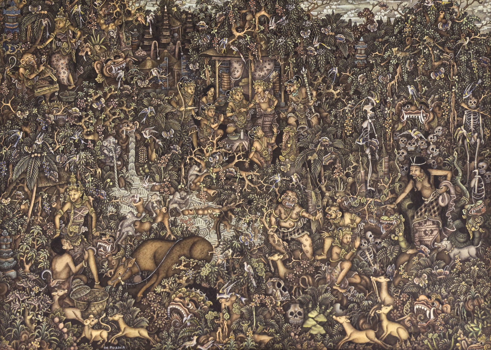 Dewa Nyoman Purwa ''Batuan, Bali'' Ink with Colors: I Dewa Nyoman Purwa (b.1960 Indonesian) ''Batuan, Bali'' Ink with Colors on Paper 14.5''x20'' Sight. Signed lower left. Original carved teak framing 30''x38.5''. Excellent condition. Not examined outs