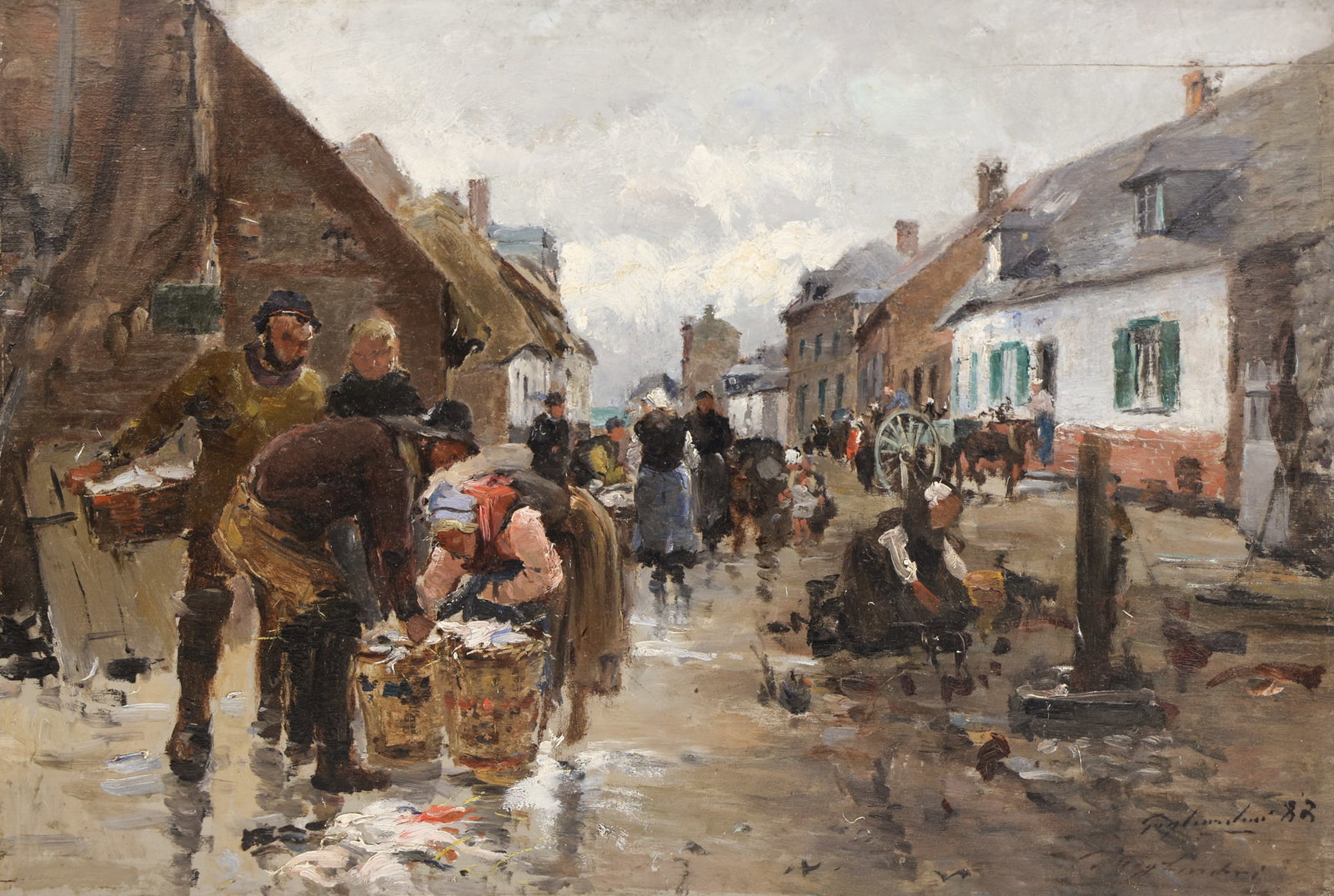 Julian Gustave Gagliardini ''Fish Market in Cayeux'' Oil: Julian Gustave Gagliardini (1846-1927 French) ''Fish Market in Cayeux'' 1882 Oil on Panel 15''x21.75'' Image. Signed and dated l.r. Unframed. Board has two crack repairs to upper right and lower left.