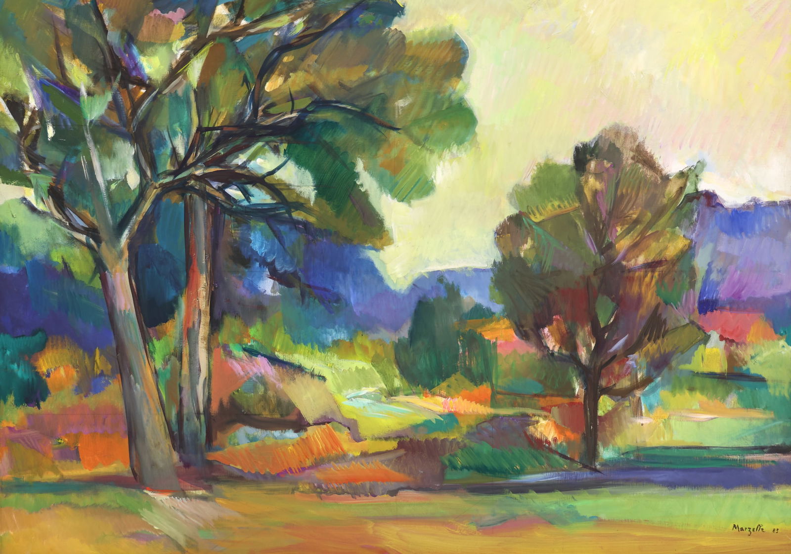 Jean Marzelle ''Paysage de Provence'' 1985 Oil: Jean Marzelle (1916-2005 French) ''Paysage de Provence'' 1985 Oil on Canvas 29''x39.5'' Image. Signed and dated l.r. with title on verso. Gilt gallery framing 36.5''x47''. Excellent condition.