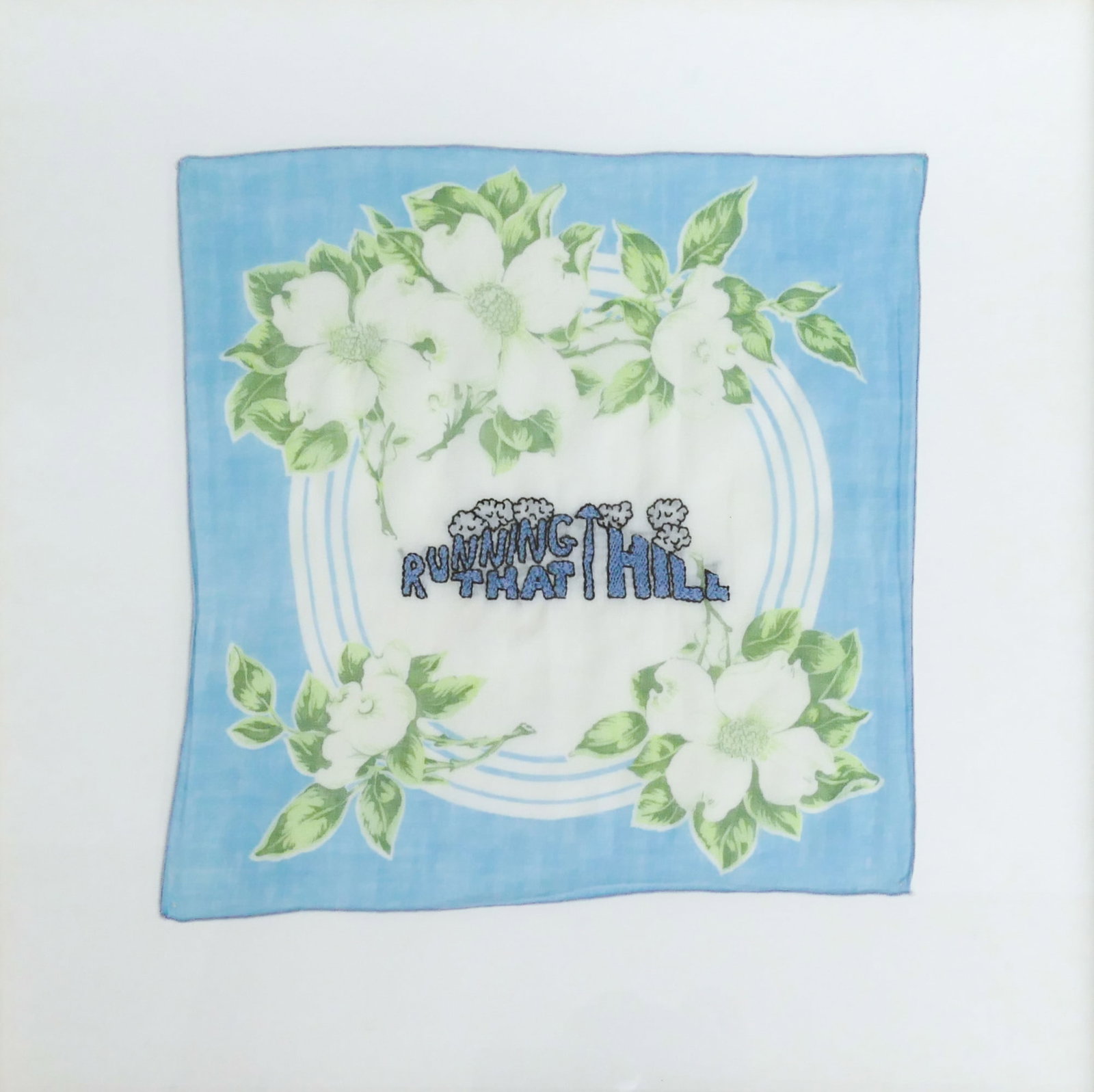 Allison Manch ''Running Up That Hill'' 2007 Hankerchief: Allison Manch (20/21st Cent.) ''Running Up That Hill'' 2007 Found Hankerchief & Embroidery Thread 13''x13'' Image 20.5''x20.5'' Framed. No signature. Not examined outside of framing.