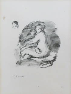Pierre-Auguste Renoir ''Etude De Femme Nue, Assise, Variante": Pierre-Auguste Renoir (1841-1919 French) ''Etude De Femme Nue, Assise, Variante'' 1904 Lithograph 9.5''x12.5'' Image 22.5''x26.5'' Framed. Plate signed. Not examined outside of framing. Some scattered