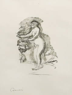 Pierre-Auguste Renoir ''Femme Au Cep De Vigne'' 1904: Pierre-Auguste Renoir (1841-1919 French) ''Femme Au Cep De Vigne'' 1904 Lithograph 9.5''x12.5'' Image 22.5''x26.5'' Framed. Plate signed. Not examined outside of framing. Some minor light damage to ed