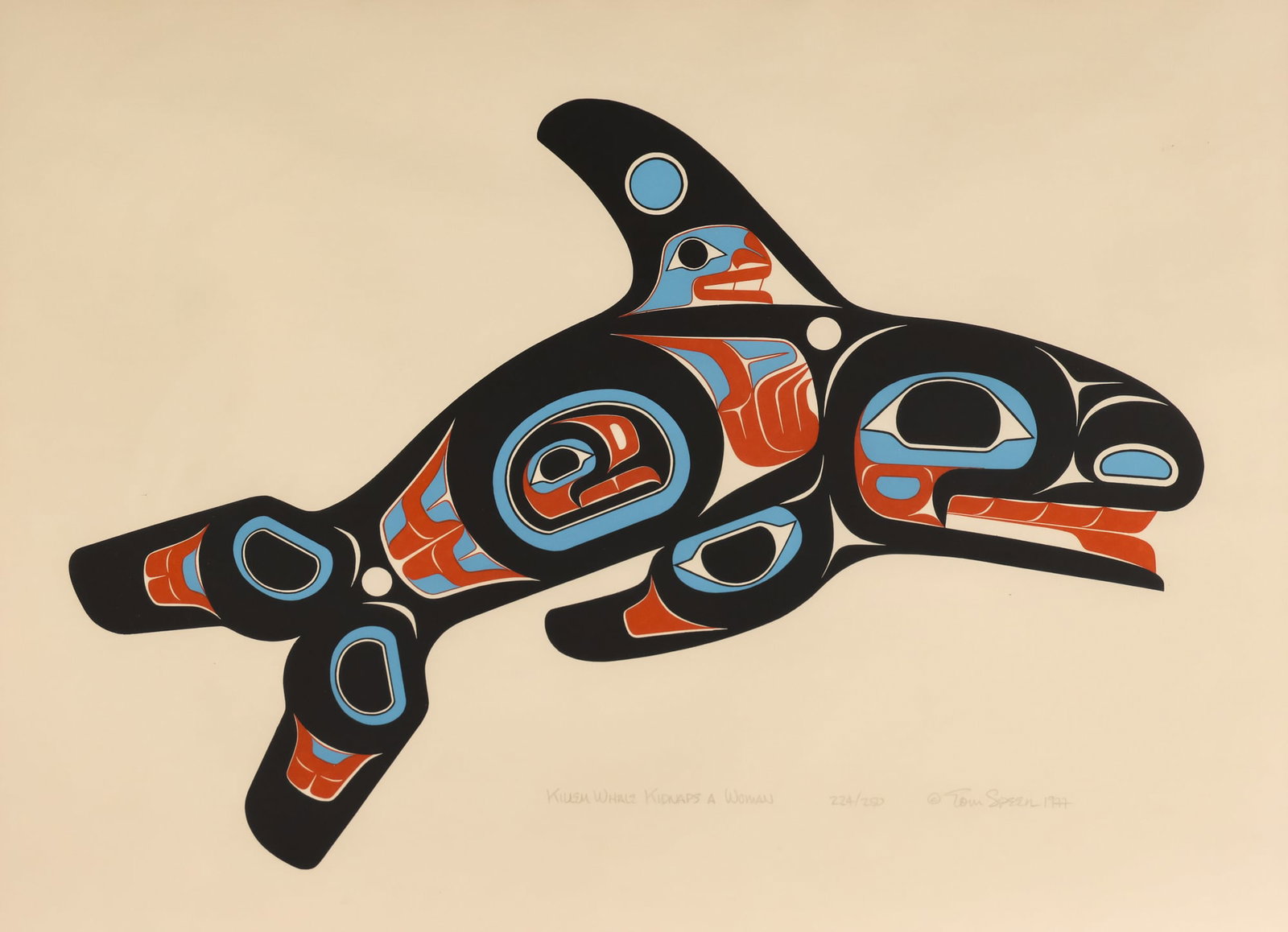 Tom Speer "Killer Whale Kidnaps a Woman" 1977 Serigraph: Tom Speer (20th Cent. Duwamish) "Killer Whale Kidnaps a Woman" 1977 Serigraph 20.5"x27" Sight. Pencil signed and numbered 224 of 250 edition lower margin. Gallery framed 27"x33". Excellent condition w