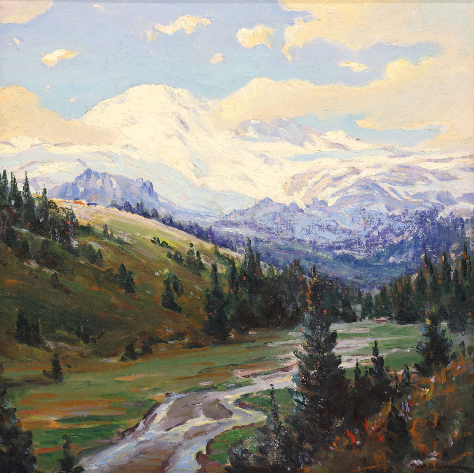 Robert Graham "Melting Snow, Mt. Rainier" 1931 Oil on Canvas: Robert Graham (1873-1946 American) "Melting Snow, Mt. Rainier" 1931 Oil on Canvas 24"x24" Image. Signed and dated l.r. Wortsman Stewart Galleries Inc., San Francisco label on verso. Exceptional period