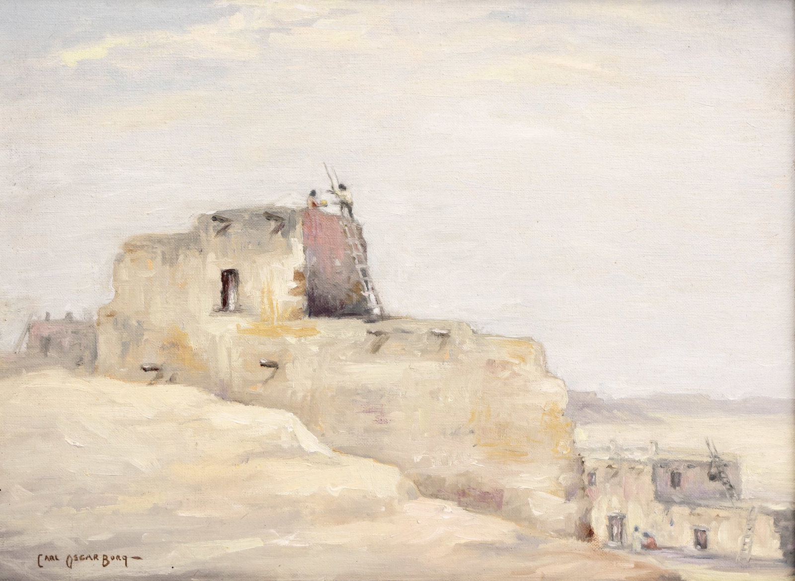 Carl Oscar Borg "Pueblo Village" Oil on Canvas Board: Carl Oscar Borg (1879-1947 California) "Pueblo Village" Oil on Canvas Board 12"x16" Image. Signed lower left with Kerwin Galleries, California label on verso. Carved gallery framing with title placard