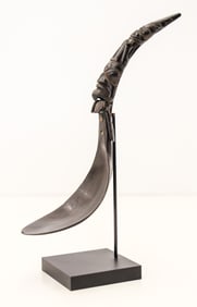 Antique Tlingit Sheep's Horn Totemic Spoon on Stand