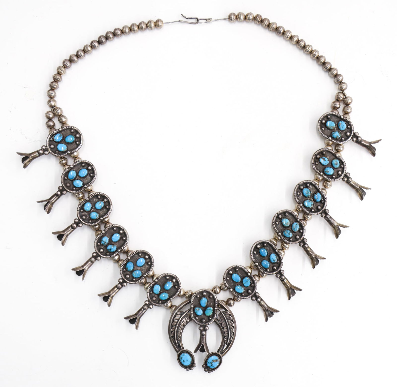Old Navajo Sterling and Turquoise Feather Squash Blossom Necklace (1 of 3)