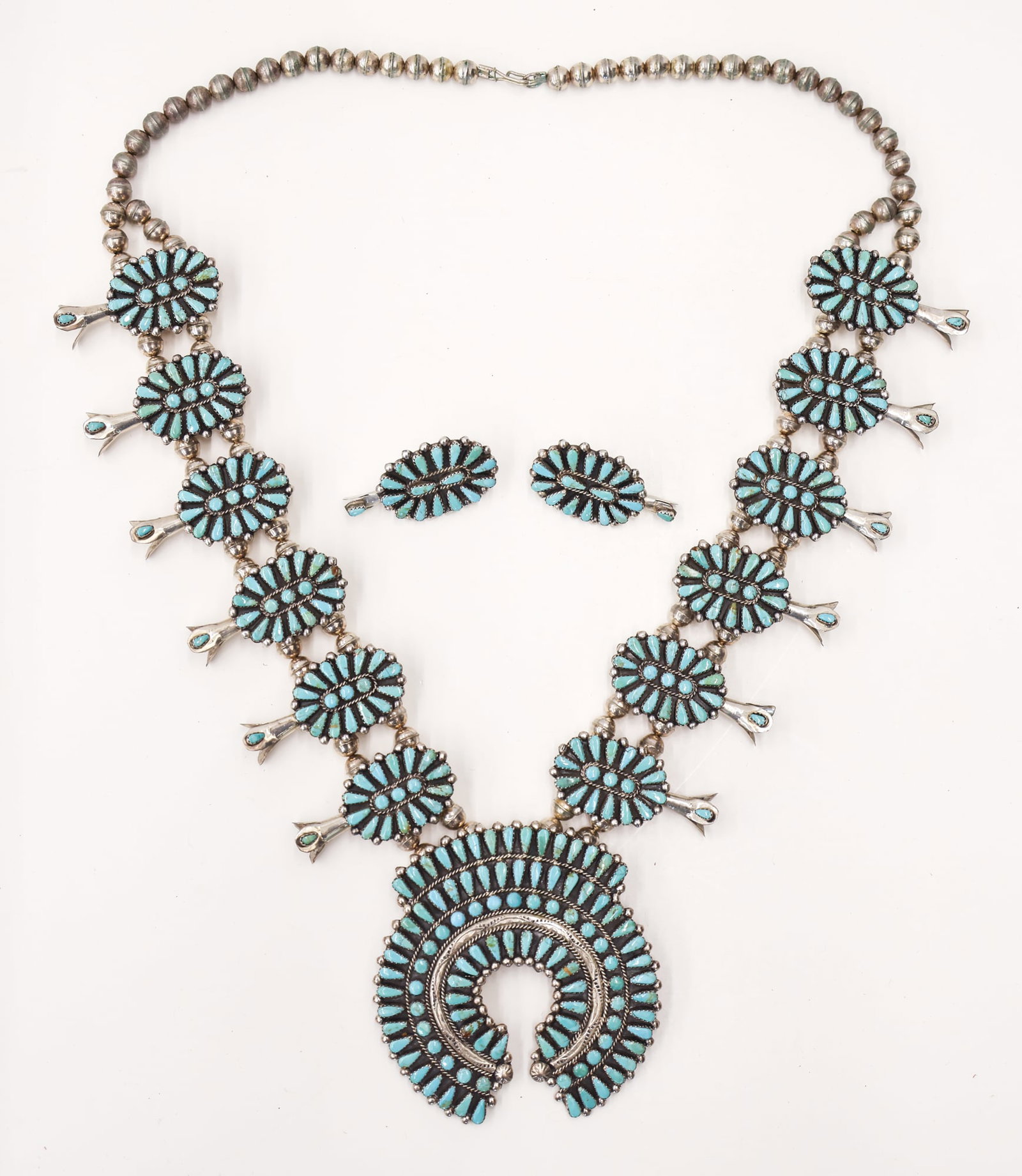 Signed Zuni Petit Point Sterling Squash Blossom with Earrings (1 of 3)