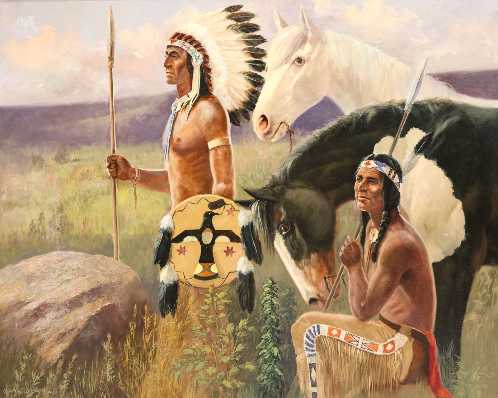Charles Damrow "The Proud Ones" (Cherokee) Large Oil on Canvas: Charles Damrow (1916-1989 Arizona) "The Proud Ones" (Cherokee) Oil on Canvas 48"x60" Image. Exceptional large composition of Indians with headdresses. Signed lower left. Ornate gilt gallery framing 61
