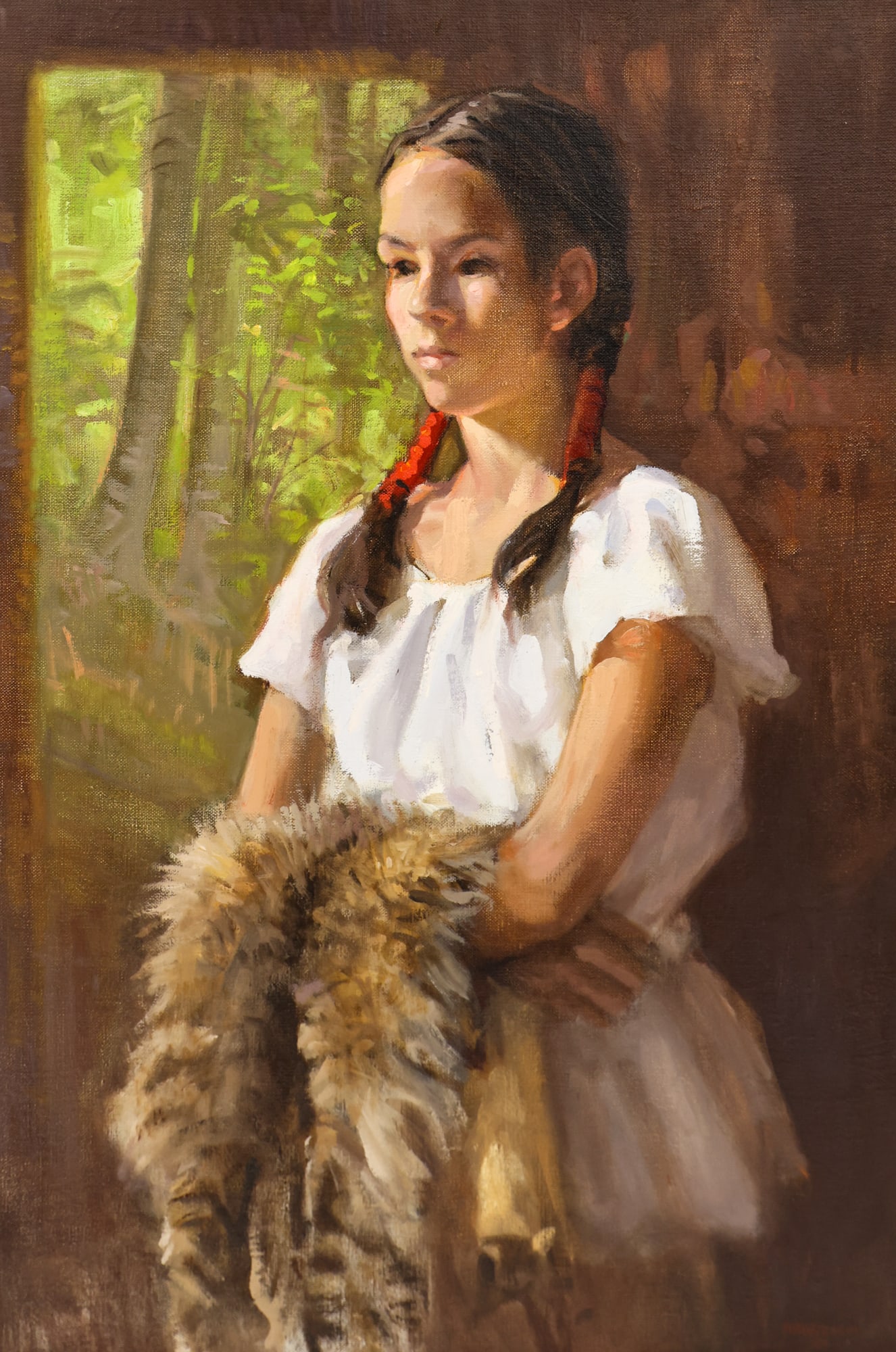 Joe Abbrescia "Grandfather's Fur" 1978 Oil on Canvas: Joe Abbrescia (1936-2005 Montana) "Grandfather's Fur" 1978 Oil on Canvas 30"x20" Image. Signed l.r. and titled on verso. Original gallery framing 41"x30". Excellent condition.?