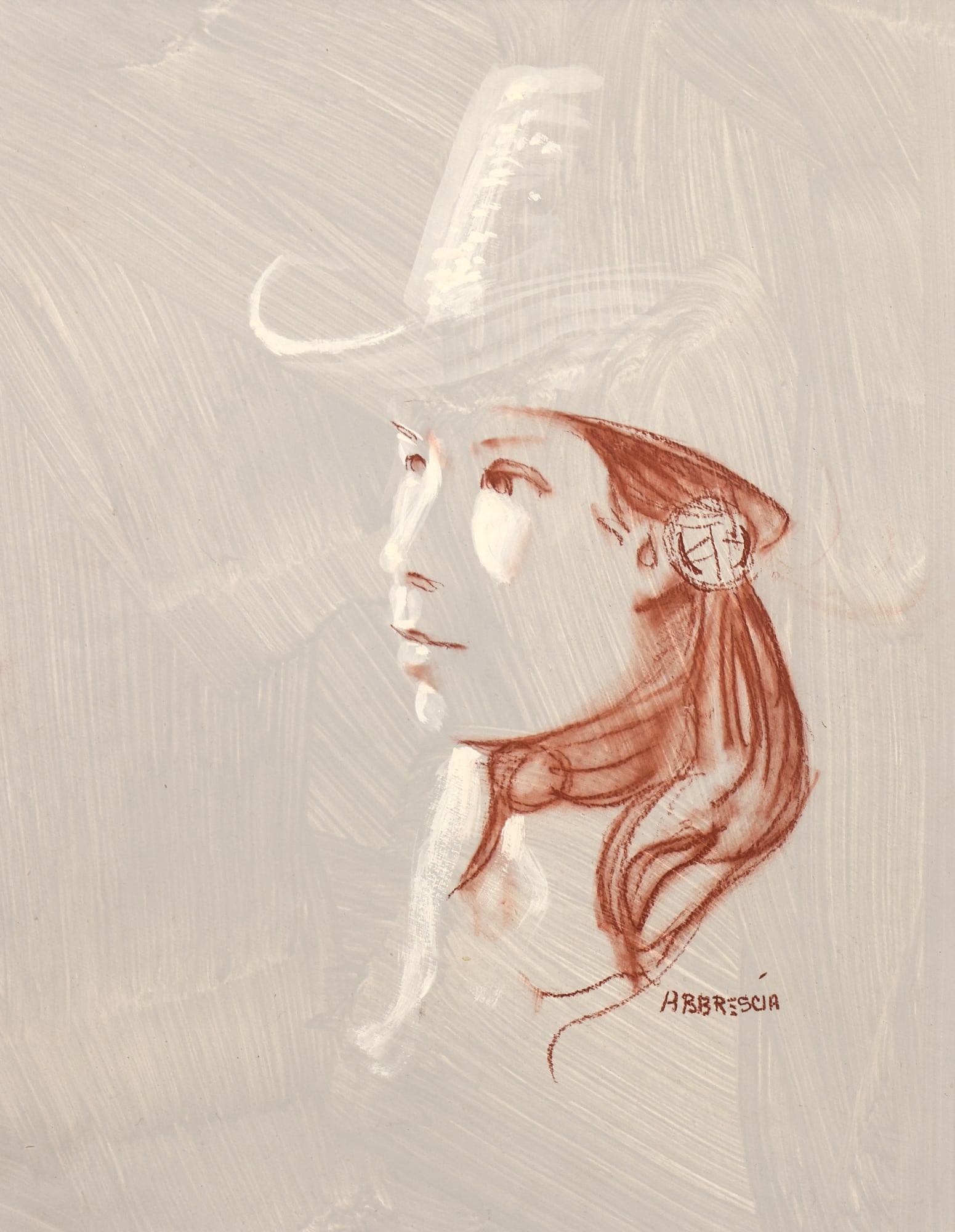 Joe Abbrescia "Cowgirl" Mixed Media on Board: Joe Abbrescia (1936-2005 Montana) "Cowgirl" Mixed Media on Board 14"x11" Image. Signed l.r. Framed 16.5"x13.5". Excellent condition.?