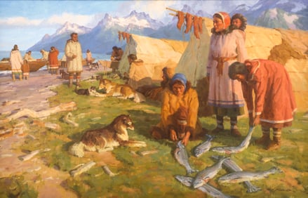Ned Mueller "Eskimo Village" Oil on Board