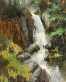 Linds Tippetts "Falls at Swan Lake, Alaska" 1993 Oil on Masonite
