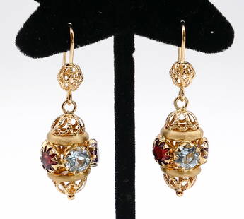 Pair 18k Multi-Stone Gemstone Drop Earrings 42mm - 7.1 Grams: Pair 18k Multi-Stone Gemstone Drop Earrings 42mm - 7.1 Grams, 6mm topaz - amethyst - citrine