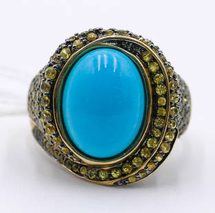 Carlo Viani 14k Turquoise and Yellow Sapphire Ring Size 10 - 13.7 Grams: Carlo Viani 14k Turquoise and Yellow Sapphire Ring Size 10 - 13.7 Grams, 15x11mm cabochon with 1-1.5mm sapphires.�