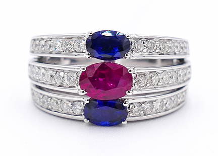 Sonia B. 18k Ruby Sapphire and Diamond White Gold Ring Size 9: Sonia B. 18k Ruby Sapphire and Diamond White Gold Ring Size 9 - 13.6 Grams, 5x7mm ruby and 6x4mm blue sapphires. Three bands set with 1.5mm round brilliant cut diamonds&#65533;