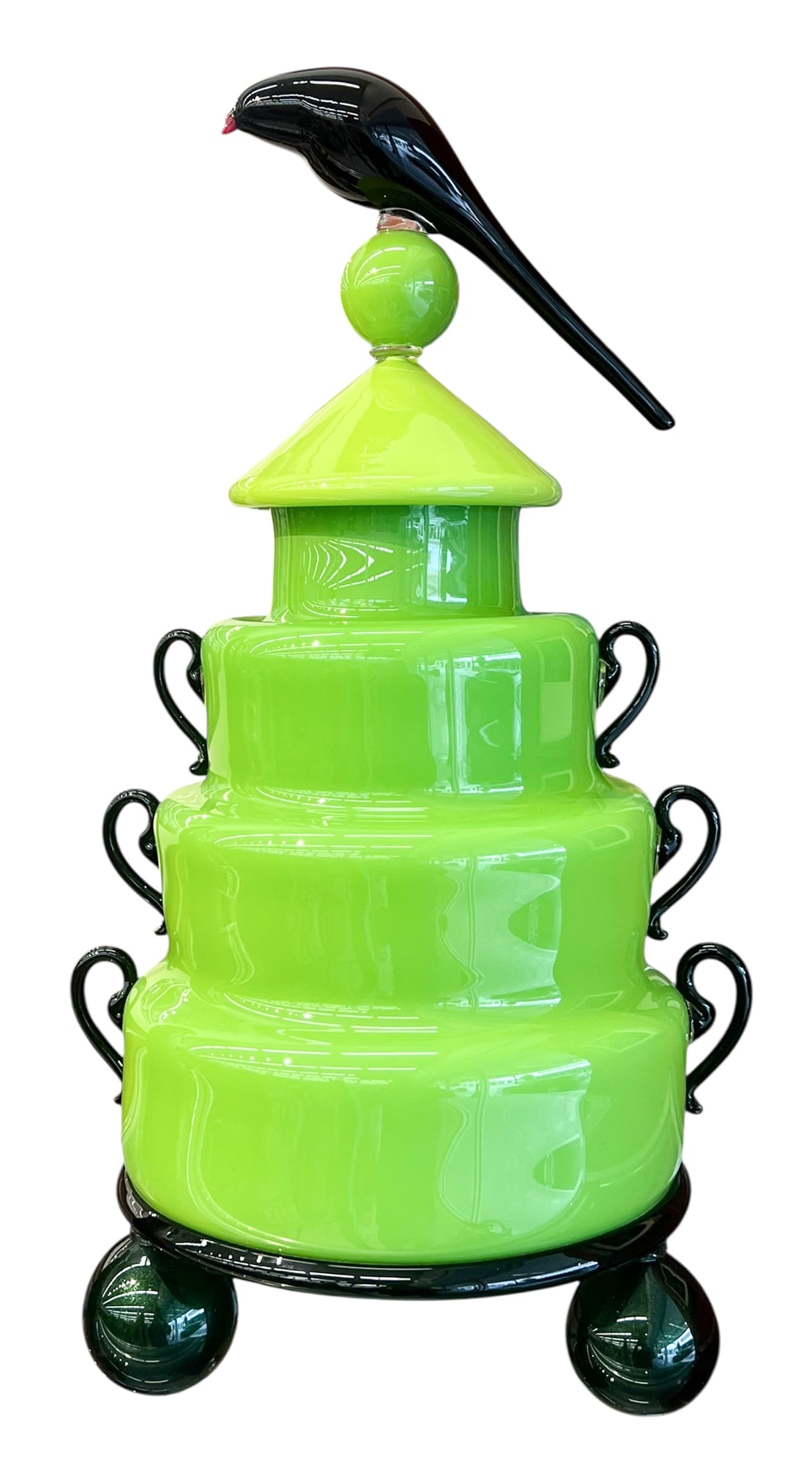 David Levi "Lime Green Bird Jar" 1997 Blown Glass (1 of 2)