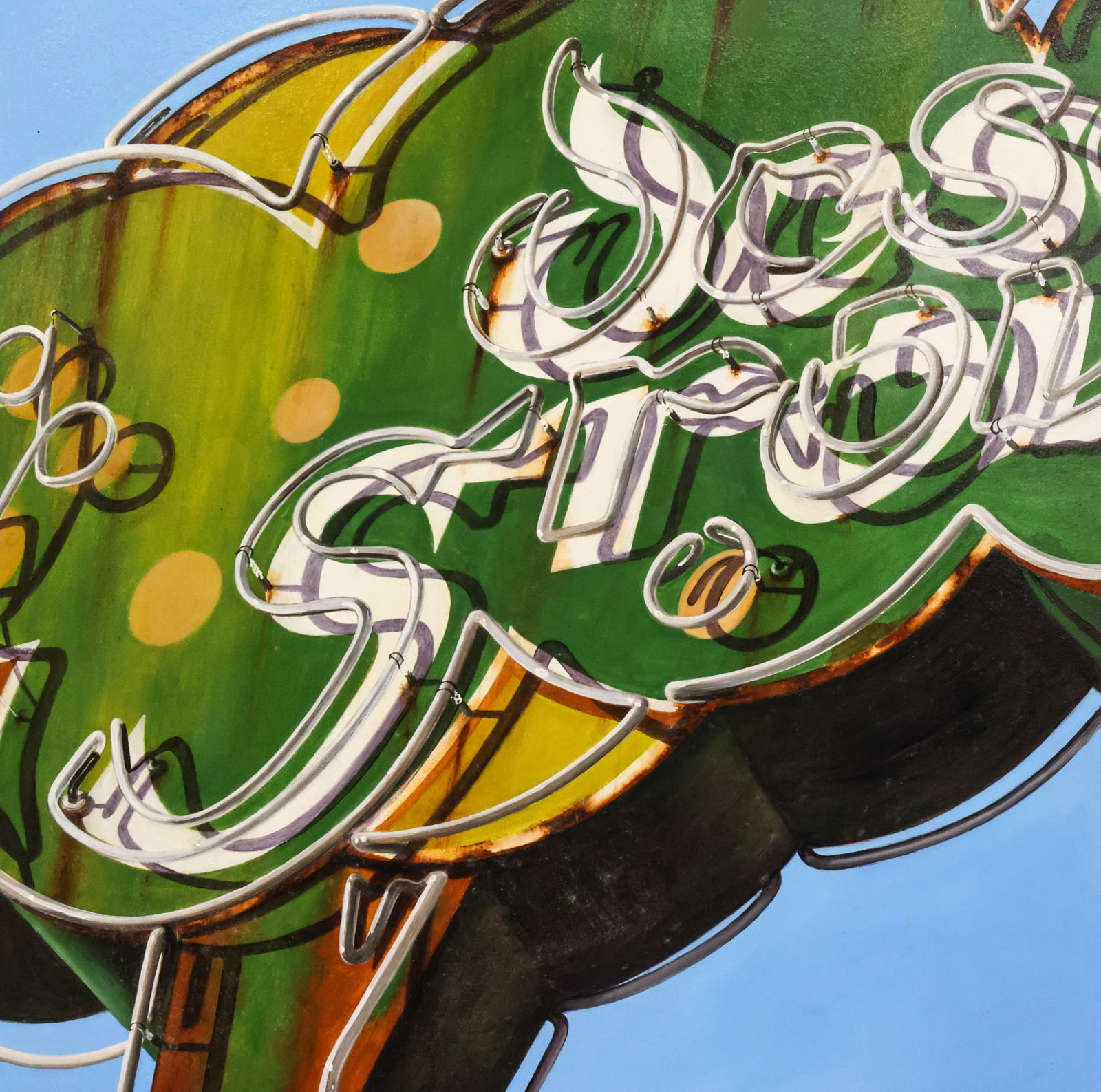 Kellie Talbot "Desert Grove" (Neon Sign) Oil on Board: Kellie Talbot (b.1966 Washington) "Desert Grove" (Neon Sign) Oil on Board 12"x12" Image. Signed on side and again on verso. Compositions are similar to Robert Cottingham. Unframed. Excellent condition