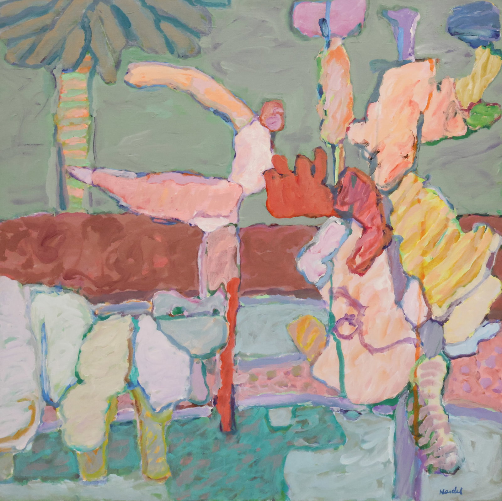 Frederick Heidel "Unique Act" 1991 Acrylic on Canvas: Frederick Heidel (1915-2000 Oregon) "Unique Act" 1991 Acrylic on Canvas 42"x42" Image. Signed l.r. with Laura Russo Gallery, Portland label on verso. Original framing 43.5"x43.5". Excellent condition.