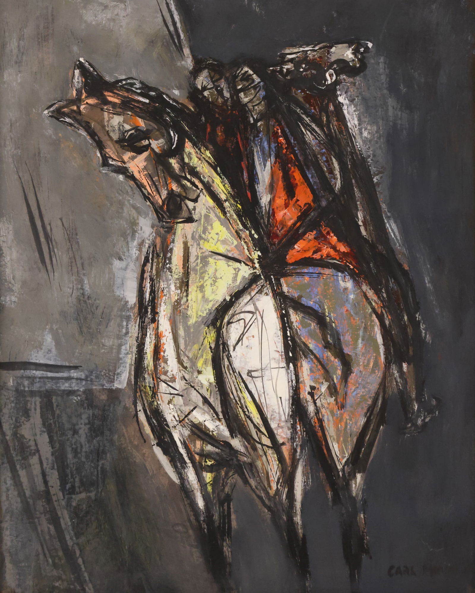 Carl Morris "Riders #5" 1950's Oil on Board: Carl Morris (1911-1993 Oregon) "Riders #5" 1950's Oil on Board 14"x11" Image. A scarece early figurative abstraction. Signed l.r. with Portland Art Museum exhibition label on verso. Kaye and Kaye cust