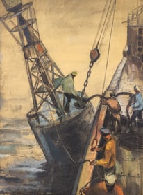 Jack Stangle "Tieing Up" (Fishing Boat) 1950's Mixed Media on Board