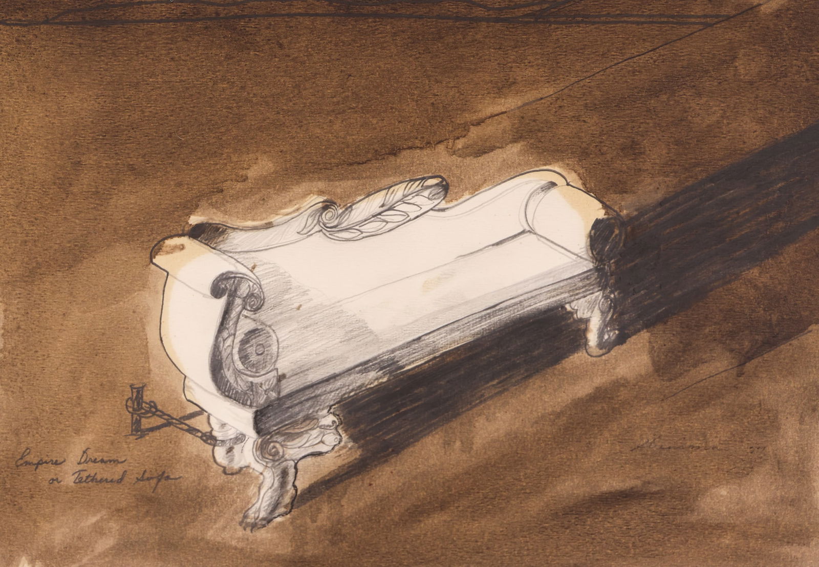 Jay Steensma "Empire Dream or Tethered Sofa" 1977 Mixed Media: Jay Steensma (1941-1994 Washington) "Empire Dream or Tethered Sofa" 1977 Mixed Media on Paper 11.5"x16.5" Sight. Scarce earling composition influenced by Morris Graves. Signed and titled lower image.