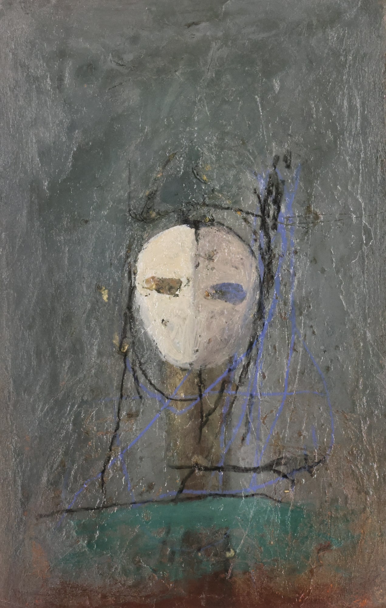 Ed Musante "White Mask Green Shape" 1990 Mixed Media Collage (1 of 2)