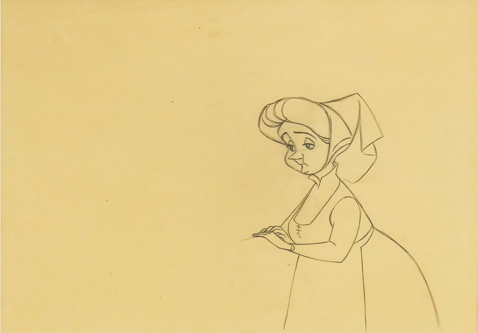 Walt Disney Original Production Pencil Sketch of Fauna from Sleeping Beauty: Walt Disney Original Production Pencil Sketch of Fauna from Sleeping Beauty 9.5"x12" Image 17"x19" Framed. Unsigned. Excellent condition, not examined outside of framing.