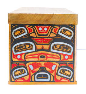 Warren Adams "Killer Whale Bentwood Box" Painted Cedar: Warren Adams (b.1961 Nisga'a) "Killer Whale Bentwood Box" Painted Cedar 20"x19"x19". Exceptional formline relief carved and polychrome painted box with sea bear and killer whale motifs. Signed on