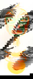 Stanley Hunt "Tsakis Kaw-Guilth Spirit Rattle" Painted Cedar: Stanley Hunt (b.1954 Kwakiutl) "Tsakis Kaw-Guilth Spirit Rattle" Painted Cedar 12"x7". Exceptional relief carved formline hawkman rattle with applied cedar bark hair. Comes on a fitted halibut form